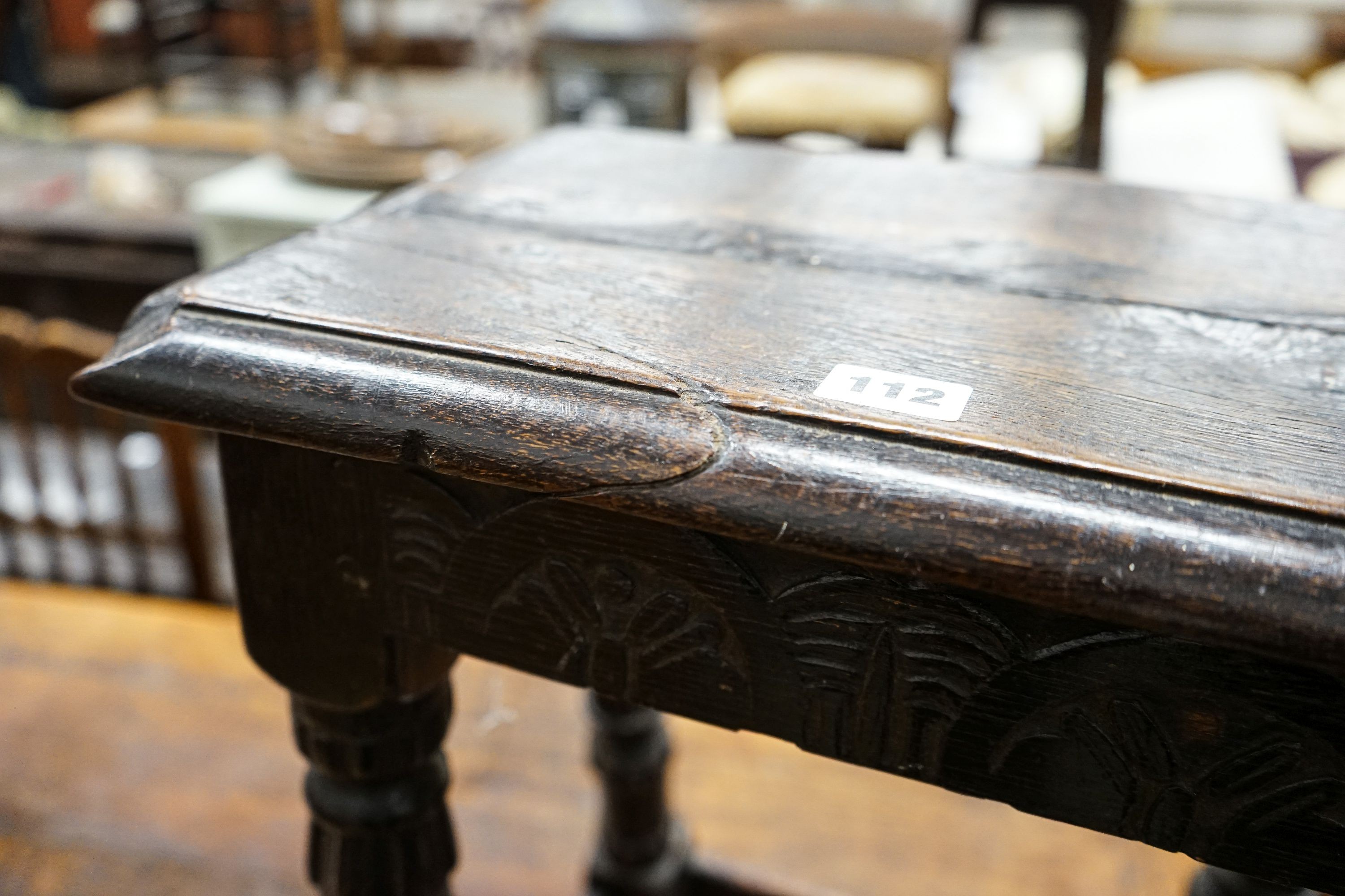 A late 18th century style stained oak joint stool, with turned and fluted legs, width 44cm, depth 28cm, height 56cm